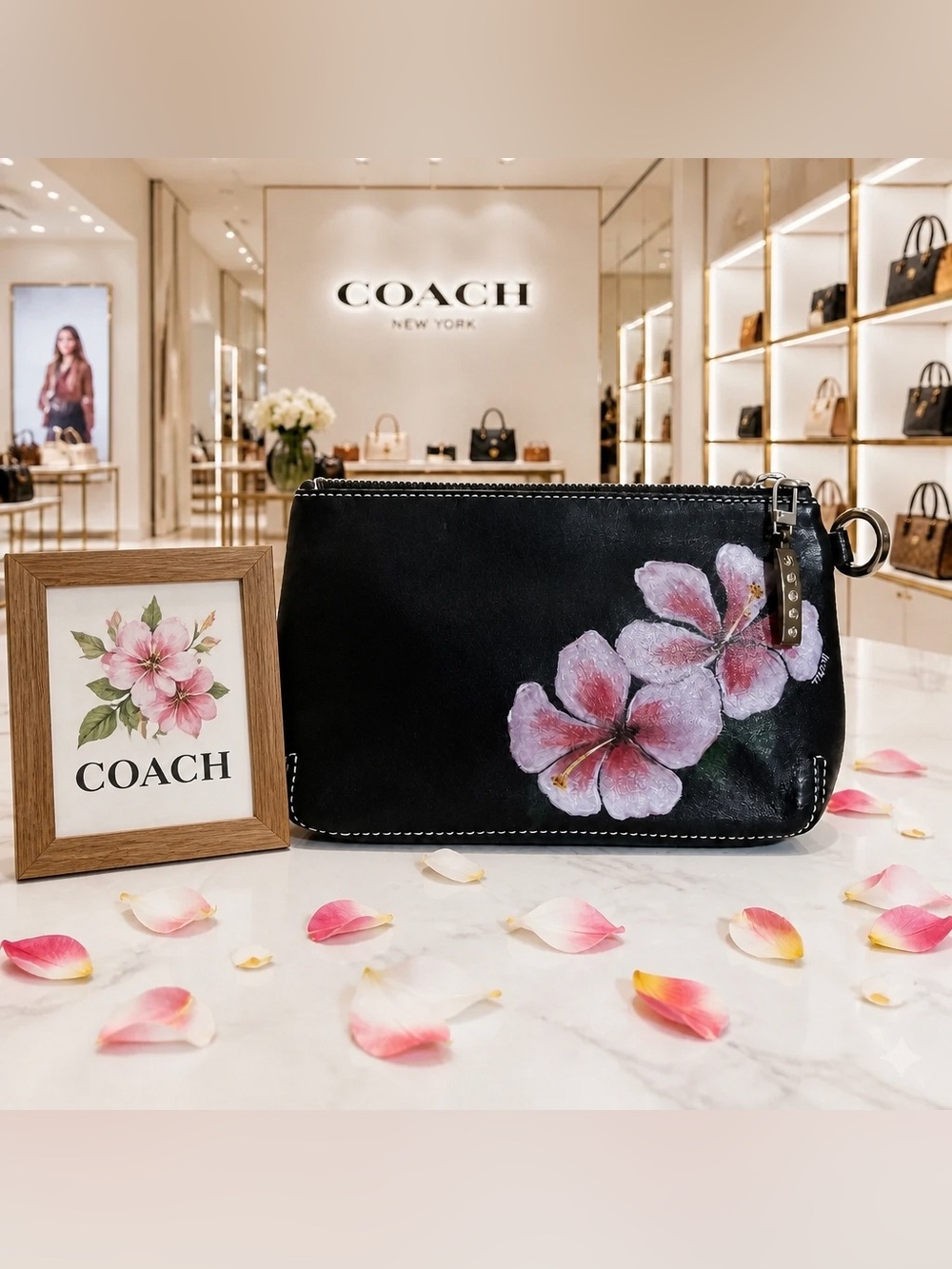 RARE Coach Collab TOM WESSELMAN. 
Pebbled Leather Hand painted Flower